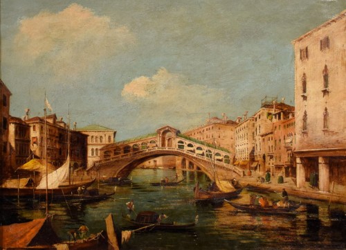 Tableaux et dessins Tableaux XIXe siècle - Venise, Grand Canal et Pont du Rialto - Giuseppe Ponga (1856 -1925)